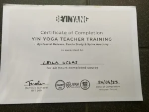 Cerrtyfikat ukończenia szkolenia Yin Yoga