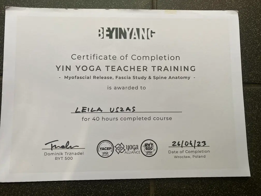 Cerrtyfikat ukończenia szkolenia Yin Yoga