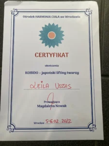 Certyfikat ukończenia Kobido japoński lifting twarzy
