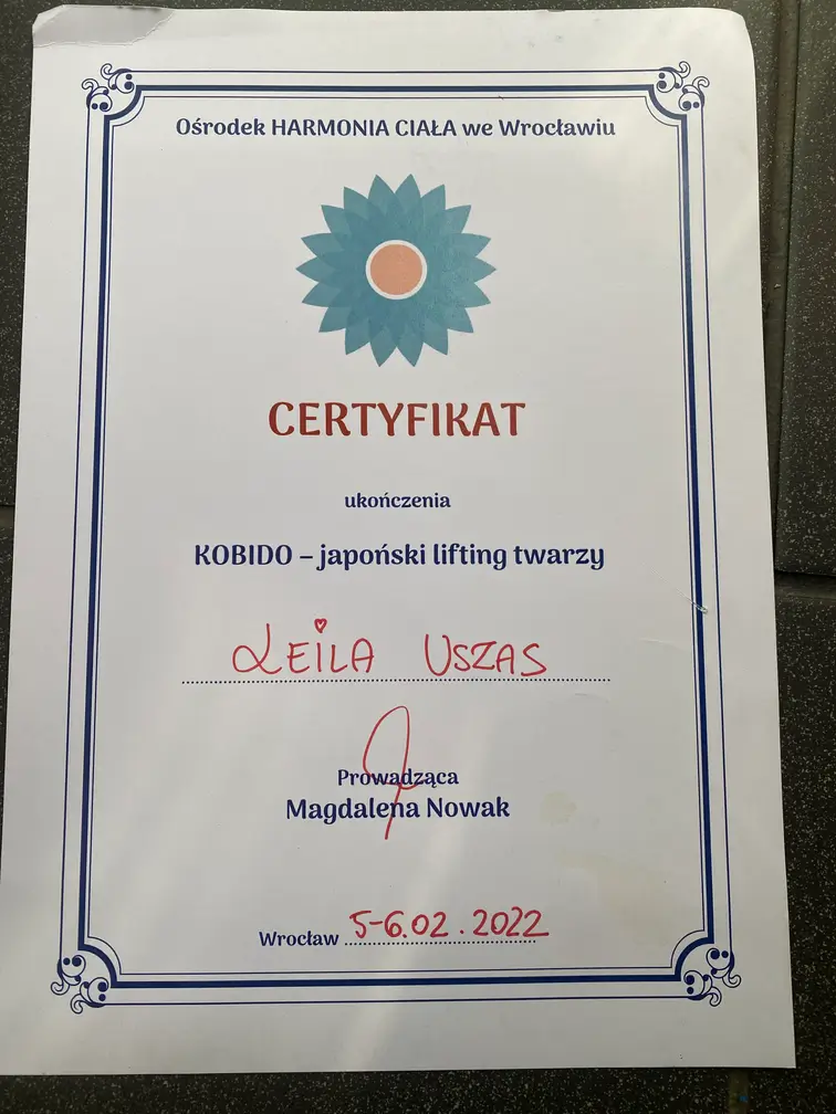 Certyfikat ukończenia Kobido japoński lifting twarzy