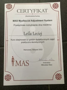 Certyfikat ukończenia kursu Powięziowe rozluźnianie dna miednicy
