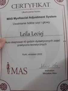 Certyfikat ukończenia kursu Uwalnianie bólów szyi i głowy