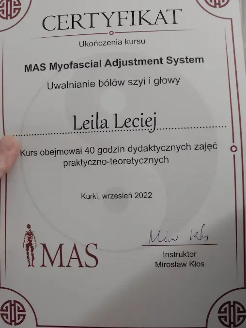 Certyfikat ukończenia kursu Uwalnianie bólów szyi i głowy