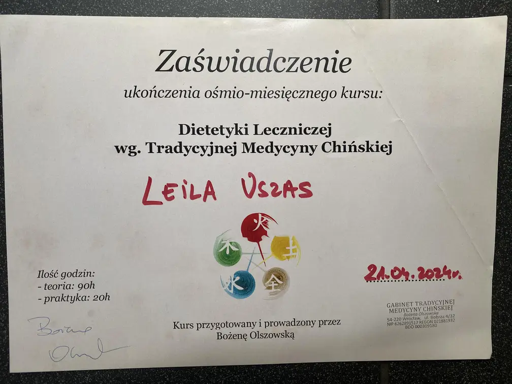 Zaświadczenie ukończenia ośmio miesięcznego kursu Dietetyki leczniczej wg. Tradycyjnej Medycyny Chińskiej